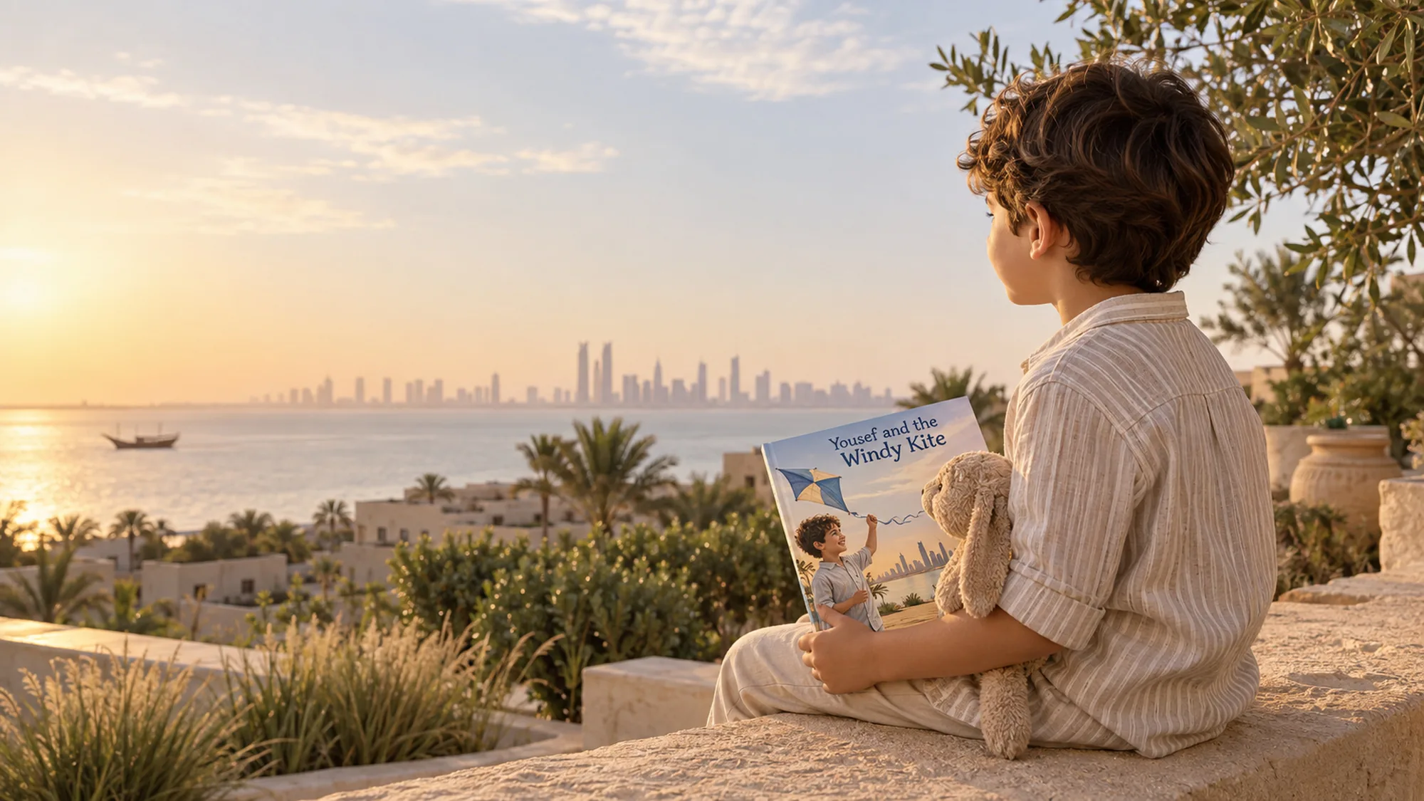 A child sitting outdoors with her soft toy, looking out over a glowing city