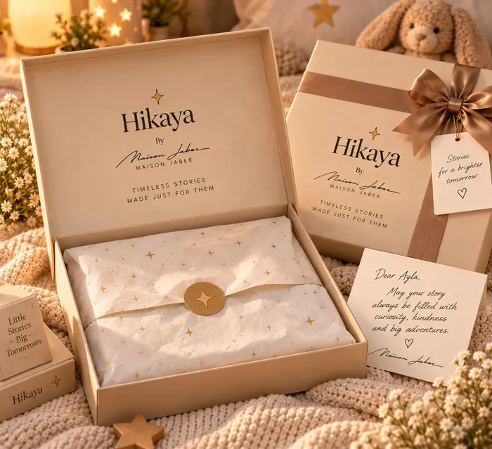 An open Hikaya gift box with cream tissue and a gold star seal