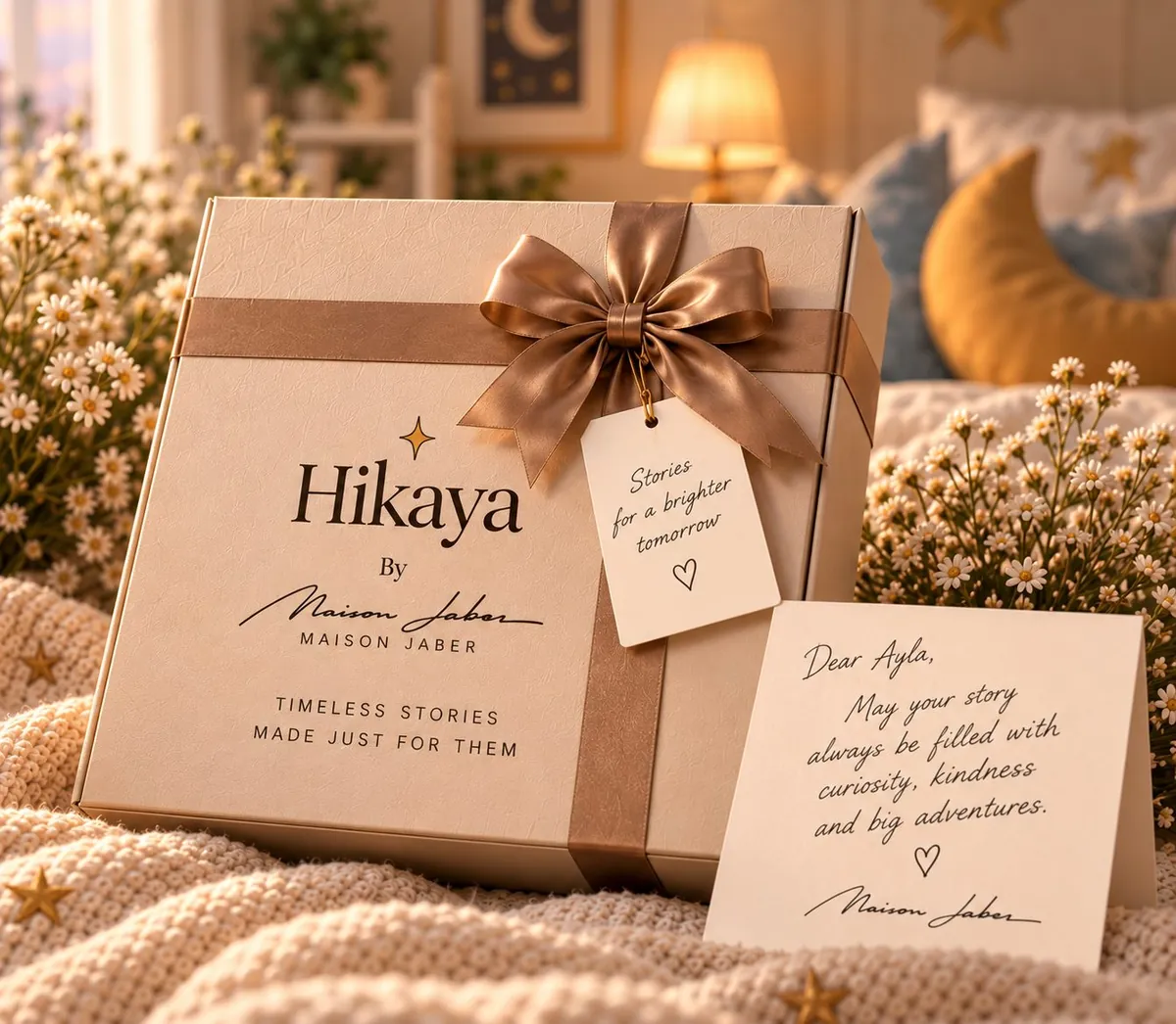The Hikaya gift box tied with a caramel satin ribbon and a Hikaya tag