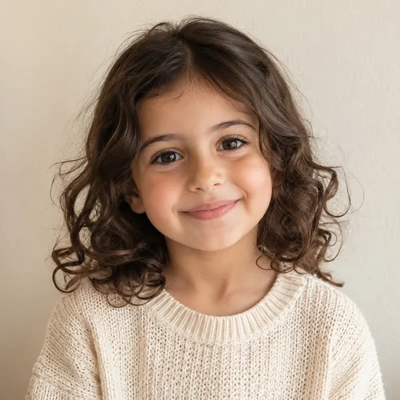 A photo of a smiling girl with curly hair