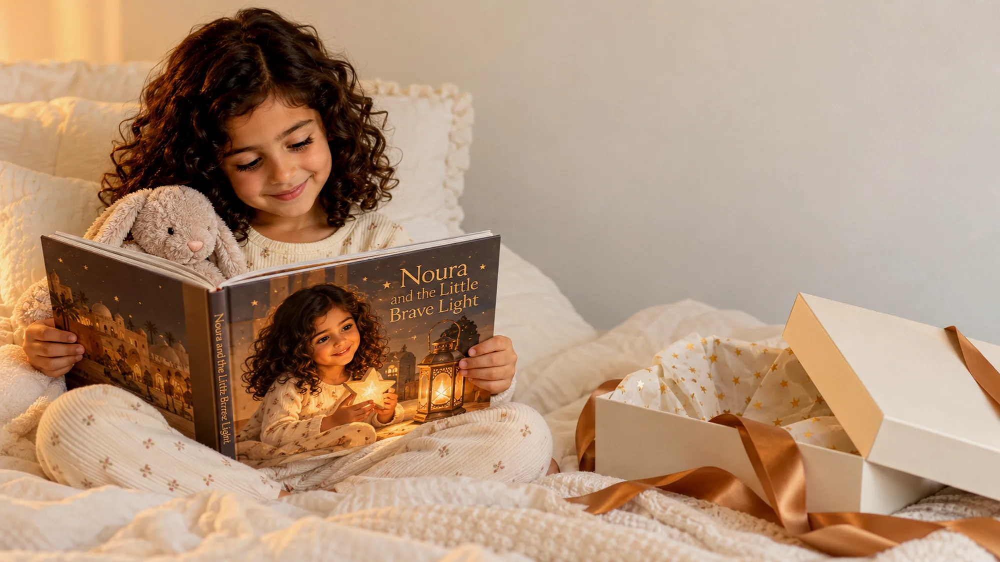 A child in bed reading her Hikaya book, with the gift box beside her